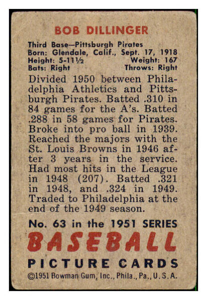 1951 Bowman Baseball #063 Bob Dillinger Pirates VG 492552