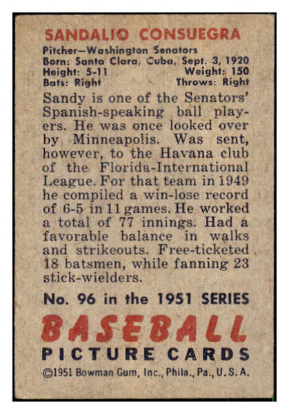 1951 Bowman Baseball #096 Sandy Consuegra Senators VG-EX 492583