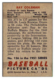 1951 Bowman Baseball #136 Ray Coleman Browns EX-MT 492618