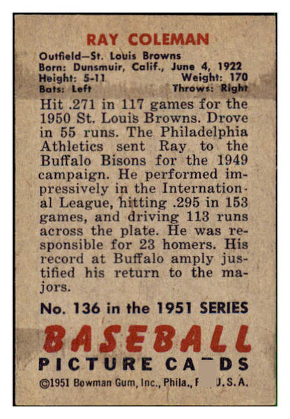 1951 Bowman Baseball #136 Ray Coleman Browns EX-MT 492618