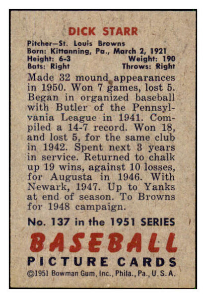 1951 Bowman Baseball #137 Dick Starr Browns EX-MT 492619