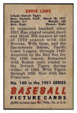 1951 Bowman Baseball #140 Eddie Lake Tigers EX-MT 492622
