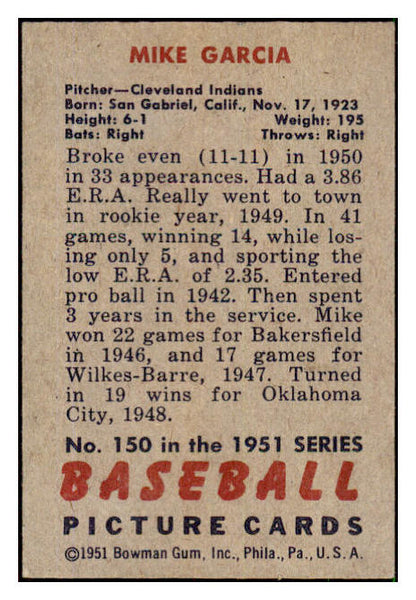 1951 Bowman Baseball #150 Mike Garcia Indians EX-MT 492630