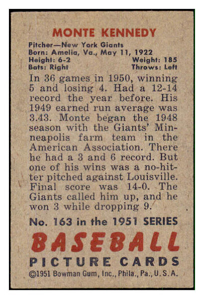 1951 Bowman Baseball #163 Monte Kennedy Giants EX-MT 492642
