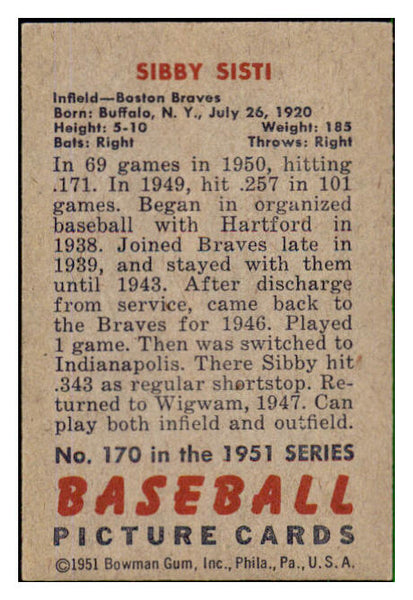 1951 Bowman Baseball #170 Sibby Sisti Braves EX-MT 492648