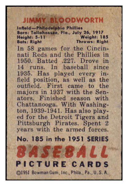 1951 Bowman Baseball #185 Jimmy Bloodworth Phillies EX-MT 492660