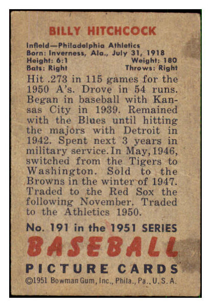 1951 Bowman Baseball #191 Billy Hitchcock A's VG 492665