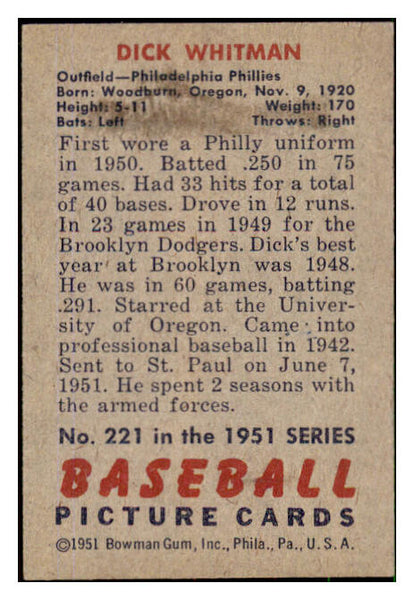 1951 Bowman Baseball #221 Dick Whitman Phillies EX 492688