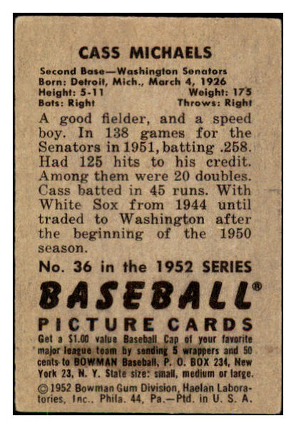 1952 Bowman Baseball #036 Cass Michaels Senators VG 492774