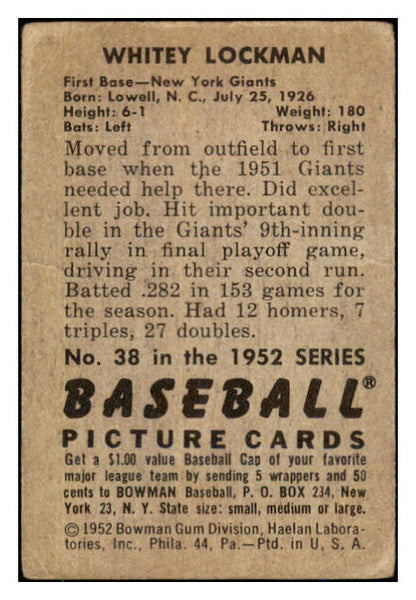 1952 Bowman Baseball #038 Whitey Lockman Giants VG 492777