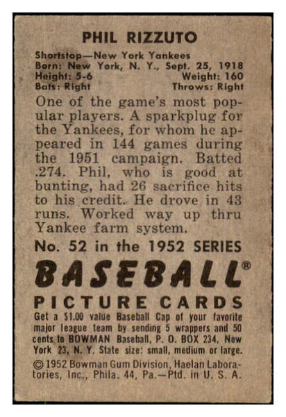 1952 Bowman Baseball #052 Phil Rizzuto Yankees VG-EX 492793