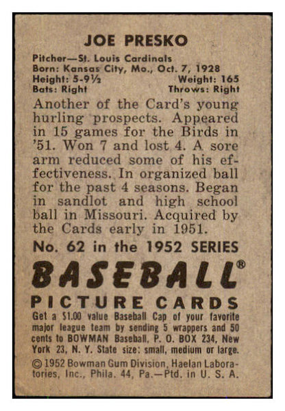 1952 Bowman Baseball #062 Joe Presko Cardinals VG-EX 492808