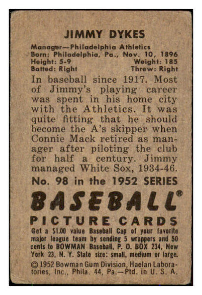 1952 Bowman Baseball #098 Jimmie Dykes A's GD-VG 492859