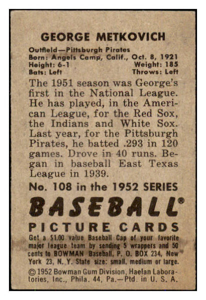 1952 Bowman Baseball #108 George Metkovich Pirates VG-EX 492864