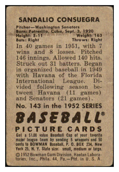 1952 Bowman Baseball #143 Sandy Consuegra Senators VG 492894
