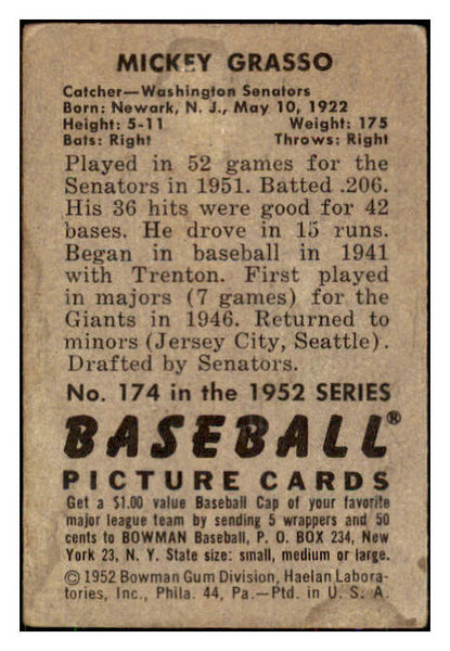 1952 Bowman Baseball #174 Mickey Grasso Senators GD-VG 492920