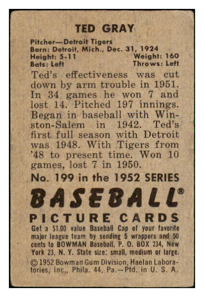 1952 Bowman Baseball #199 Ted Gray Tigers VG 492939