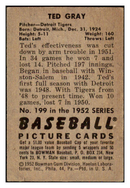 1952 Bowman Baseball #199 Ted Gray Tigers VG 492940