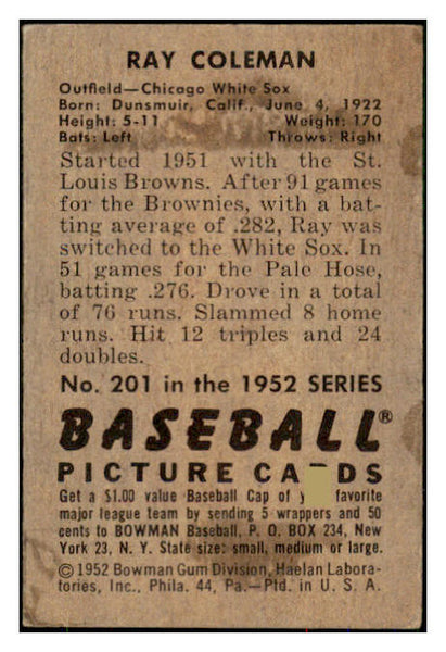 1952 Bowman Baseball #201 Ray Coleman White Sox VG-EX 492943