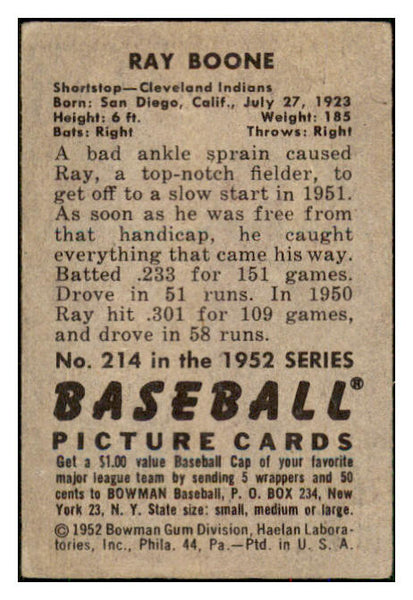 1952 Bowman Baseball #214 Ray Boone Indians VG 492947