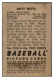 1952 Bowman Baseball #216 Matt Batts Tigers VG 492949