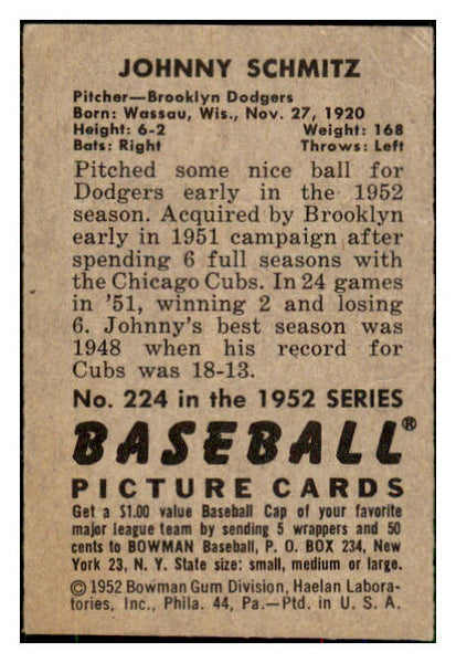 1952 Bowman Baseball #224 Johnny Schmitz Dodgers GD-VG 492958