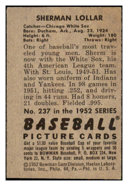 1952 Bowman Baseball #237 Sherm Lollar White Sox GD-VG 492973