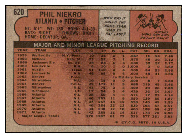 1972 Topps Baseball #620 Phil Niekro Braves EX-MT 493334