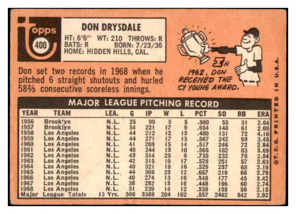 1969 Topps Baseball #400 Don Drysdale Dodgers GD-VG 493445