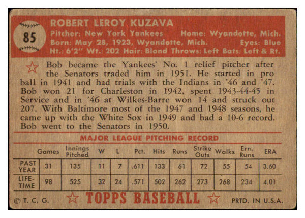 1952 Topps Baseball #085 Bob Kuzava Yankees VG-EX 493854