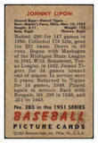 1951 Bowman Baseball #285 Johnny Lipon Tigers VG-EX 494191