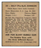 1948 Bowman Baseball #033 Billy Johnson Yankees EX 494254