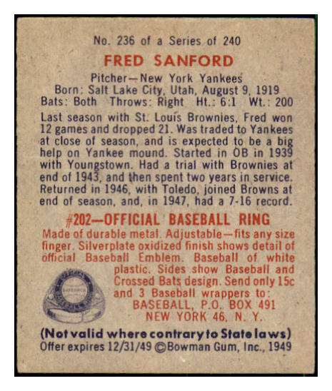 1949 Bowman Baseball #236 Fred Sanford Yankees EX-MT 494269