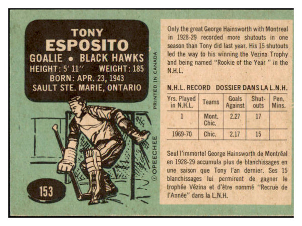 1970 O Pee Chee Hockey #153 Tony Esposito Black Hawks NR-MT 494502