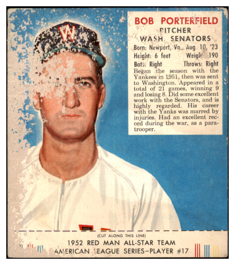 1952 Red Man #017AL Bob Porterfield Senators PR-FR w Tab 494673