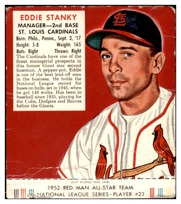 1952 Red Man #023NL Eddie Stanky Cardinals FR-GD w Tab 494676