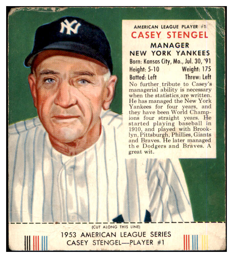 1953 Red Man #001AL Casey Stengel Yankees Good w Tab 494682