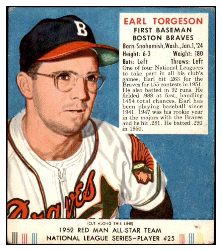 1952 Red Man #025NL Earl Torgeson Braves VG w Tab 494687