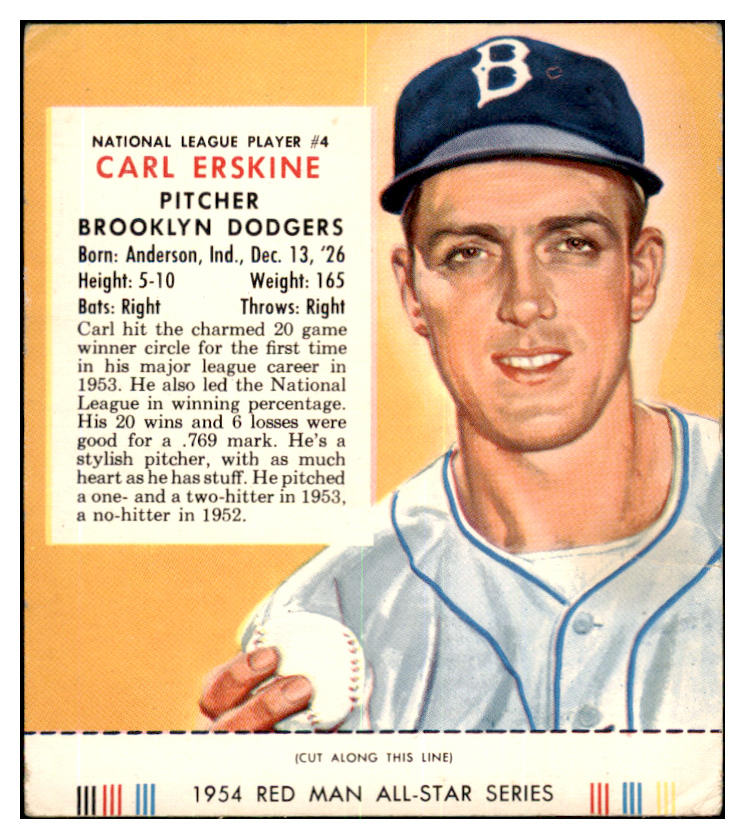 1954 Red Man #004NL Carl Erskine Dodgers VG w Tab 494693