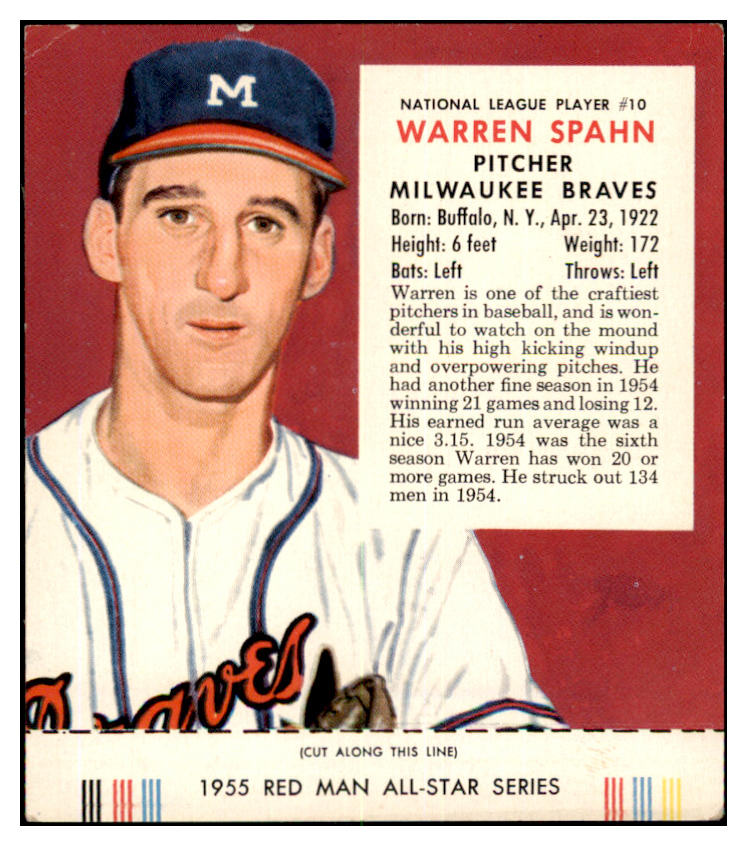 1955 Red Man #010NL Warren Spahn Braves VG-EX w Tab 494702