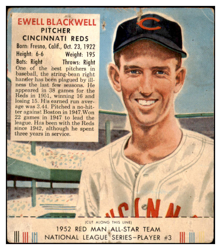 1952 Red Man #003NL Ewell Blackwell Reds Good w Tab 494711