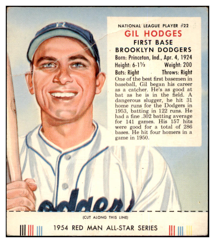 1954 Red Man #022NL Gil Hodges Dodgers Good w Tab 494713