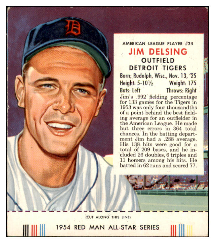 1954 Red Man #024AL Jim Delsing Tigers VG-EX w Tab 494732