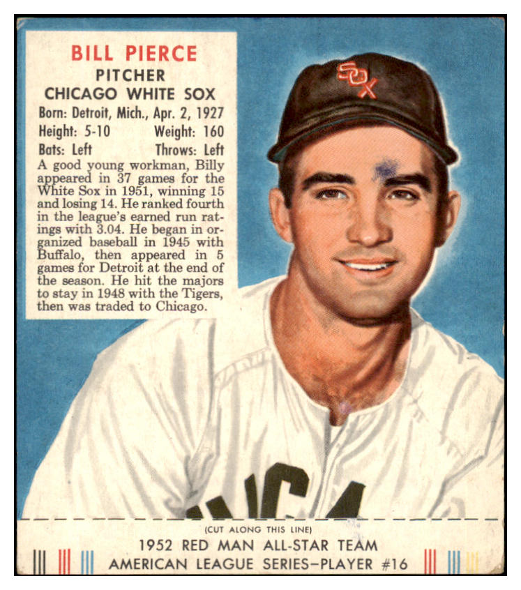 1952 Red Man #016AL Billy Pierce White Sox VG-EX w Tab 494739