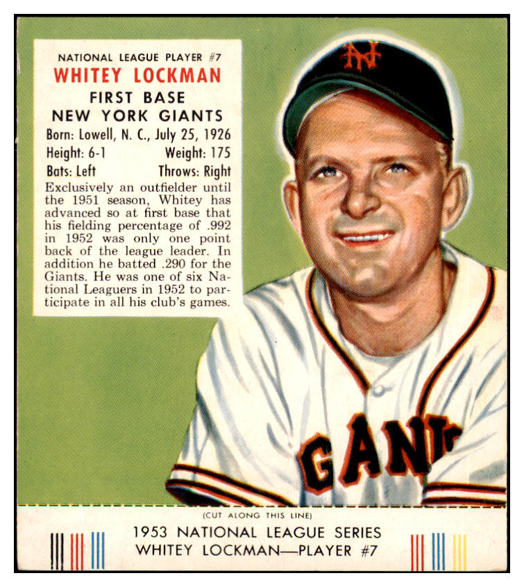 1953 Red Man #007NL Whitey Lockman Giants VG-EX w Tab 494743