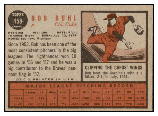 1962 Topps Baseball #458 Bob Buhl Cubs EX Variation 494916