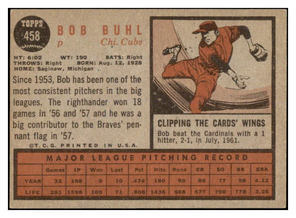 1962 Topps Baseball #458 Bob Buhl Cubs EX Variation 494917