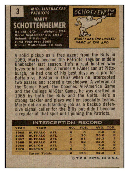 1971 Topps Football #003 Marty Schottenheimer Patriots EX-MT 495317