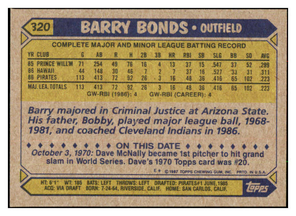 1987 Topps #320 Barry Bonds Pirates NR-MT 495373