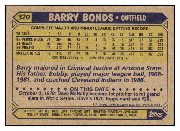 1987 Topps #320 Barry Bonds Pirates NR-MT 495375